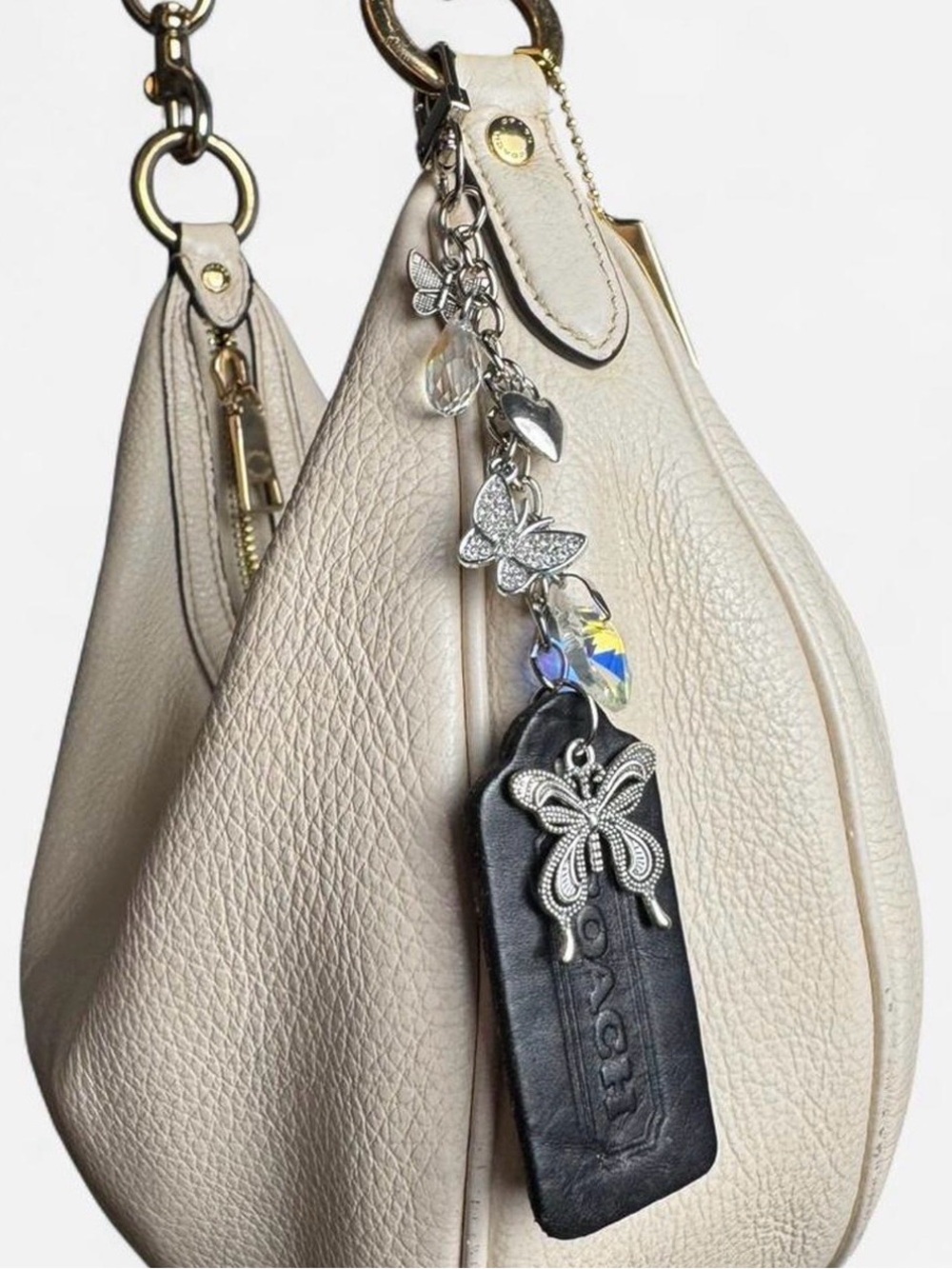 Coach Black Leather Hangtag with Silver Butterfly & Crystal Charms Bag Charm